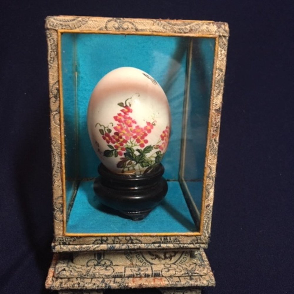 Vintage Signed Hand Painted Chinese Egg w/Floral Scene Butterfly In Display Case